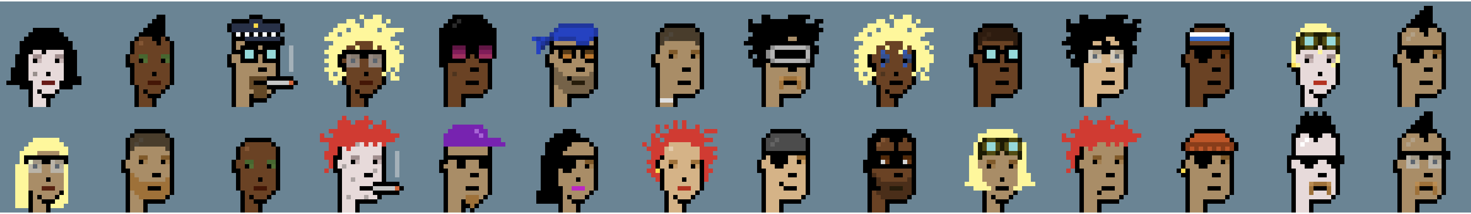 A row of original CryptoPunks pixel art portraits